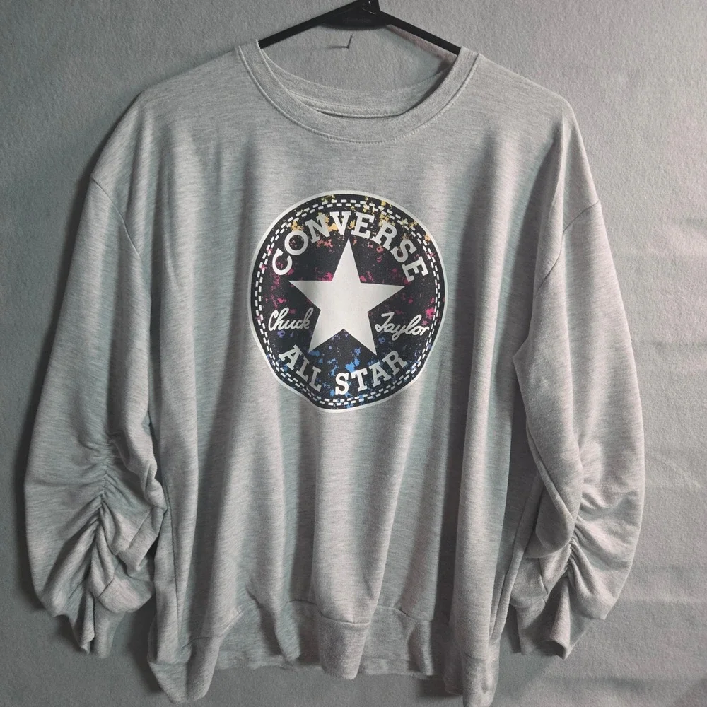 Converse All Star Chuck Taylor Graphic Sweatshirt Gray Ruched Sleeve Youth XL